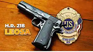 Large handgun with Concealed Carry Badge.